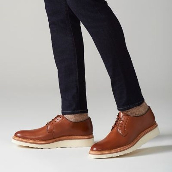 NEW!! Men’s Bostonian Rhodes Wedge Dark Tan Leather Plain Toe Lace Up Size 9M - Picture 1 of 7